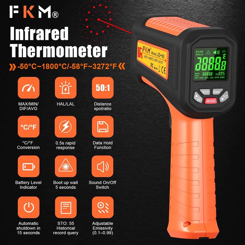 FKM 50:1-58°F ~3272°F Infrared Thermometer High Temperature Gun,Non Contact Digital IR Temp Gun,High Precision Laser Thermometer Gun for Cooking,Kilns,Forges,Engine,HVAC,Industrial and Home Repair - Image 2